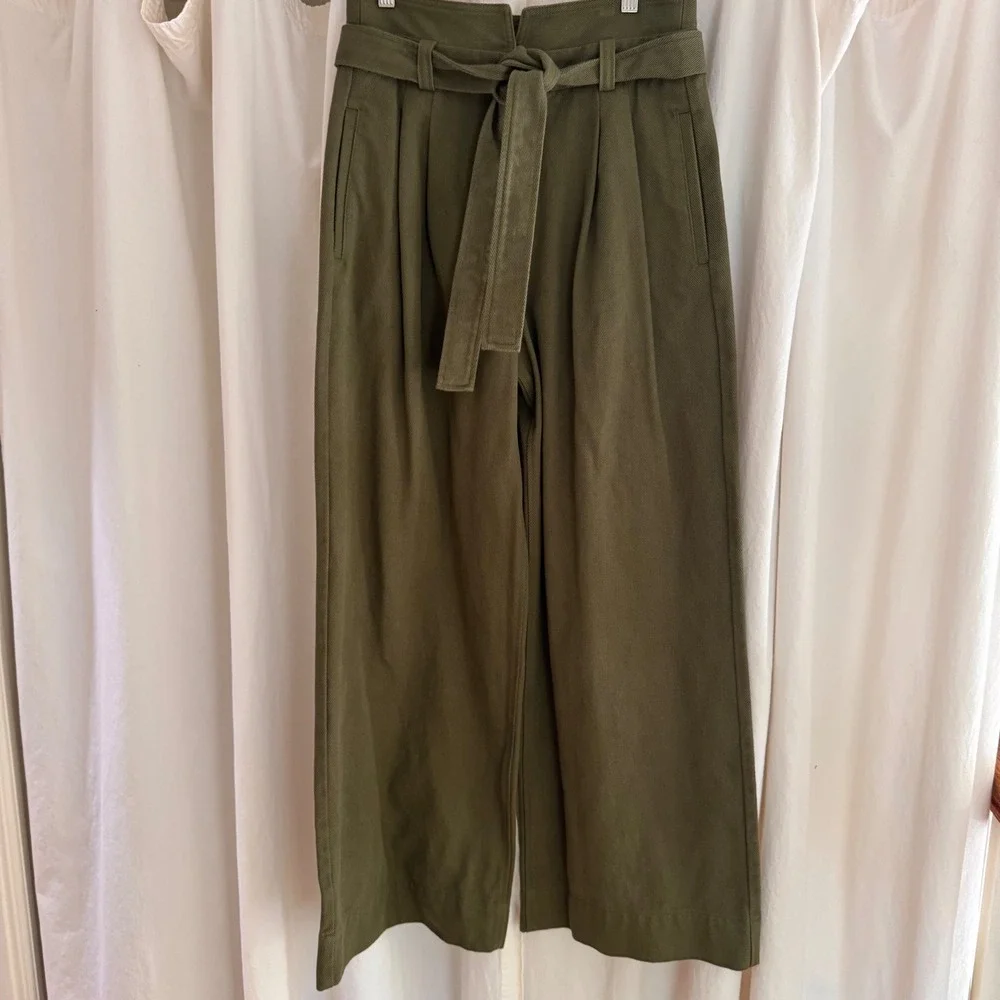 ALC Emily Belted Twill Pants Green High Waist Wide Leg‎ Cotton Trousers 4 NEW